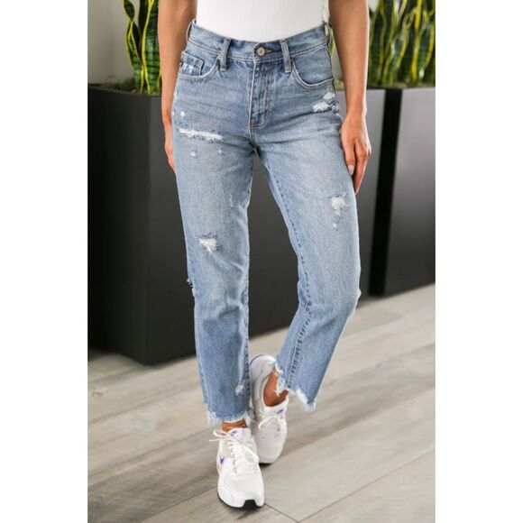 Kancan Slim Straight Jeans Medium Wash Distressed Frayed Hem 90s Denim Vibe 3/25 - Picture 1 of 9